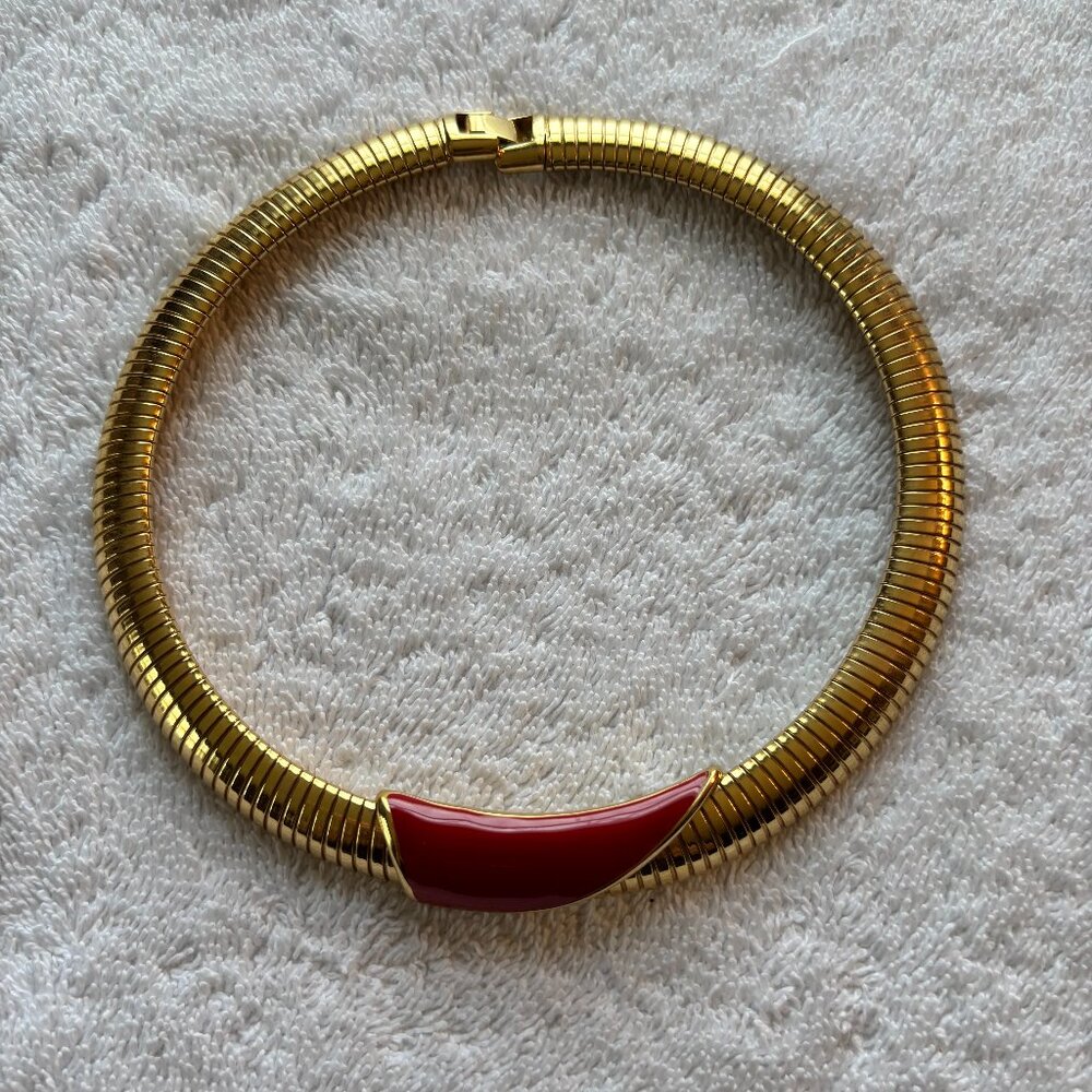 Vintage Monet 22k Gold Plated Brass Omego Choker Necklace with Red Enamel Accent
